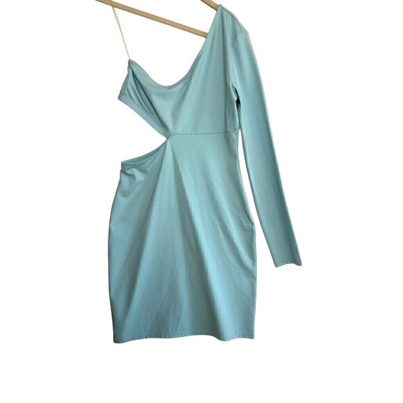 NEW Open Edit One-Sleeve Cutout Body-Con Minidress in Blue Glaze Size S - Picture 2 of 5
